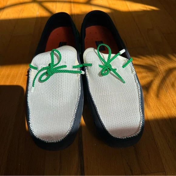 SWIMS Braided Lace Loafers Men's Sz 10 White Navy Green Machine Wash Mesh Rubber - Picture 2 of 10